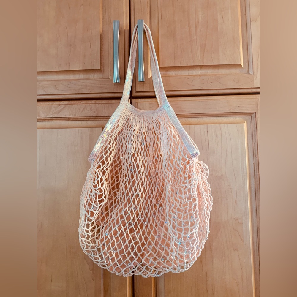 Pink sequin trim with sheer pink and silver materials tote hobo bag